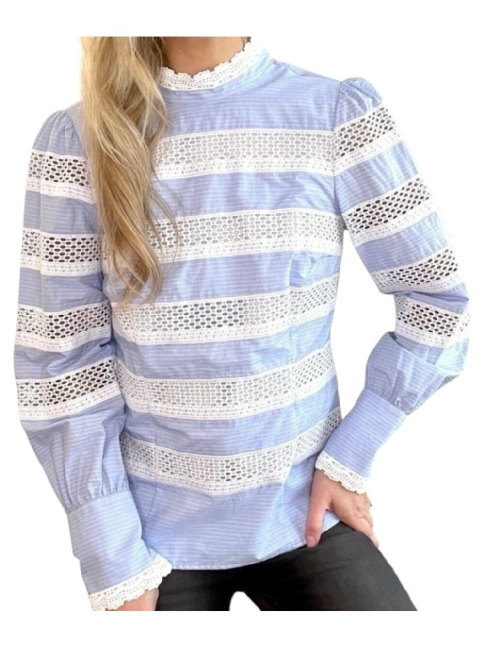 a loves a Blue & White Crochet Striped Long Sleeve Preppy Nautical Blouse XS